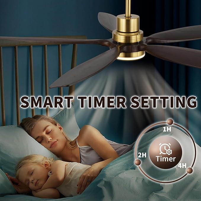52" Ceiling Fan with Light and Remote,Reversible DC Motor,6Speed,Modern Natural Wood Ceiling Fan with Dimmable LED for Outdoor Patios Bedroom Living Room,Brown Walnut and Brass