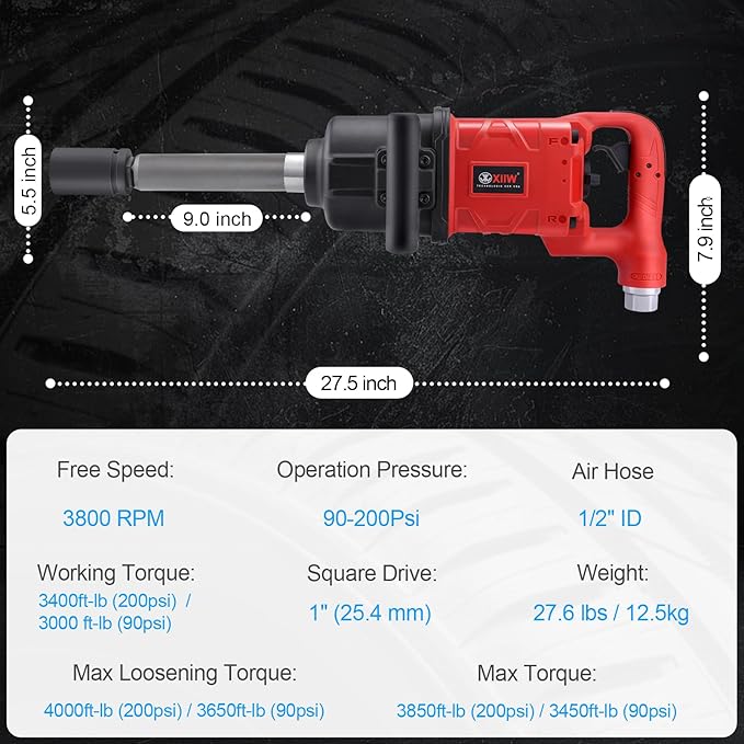 1 Inch Air Impact Wrench, Up to 4000 ft-lbs High Reverse Torque, 1'' Pneumatic Impact Gun w/ 9 Inch Extended Anvil and 2 D Handles 3800RPM for Heavy Duty Repairs