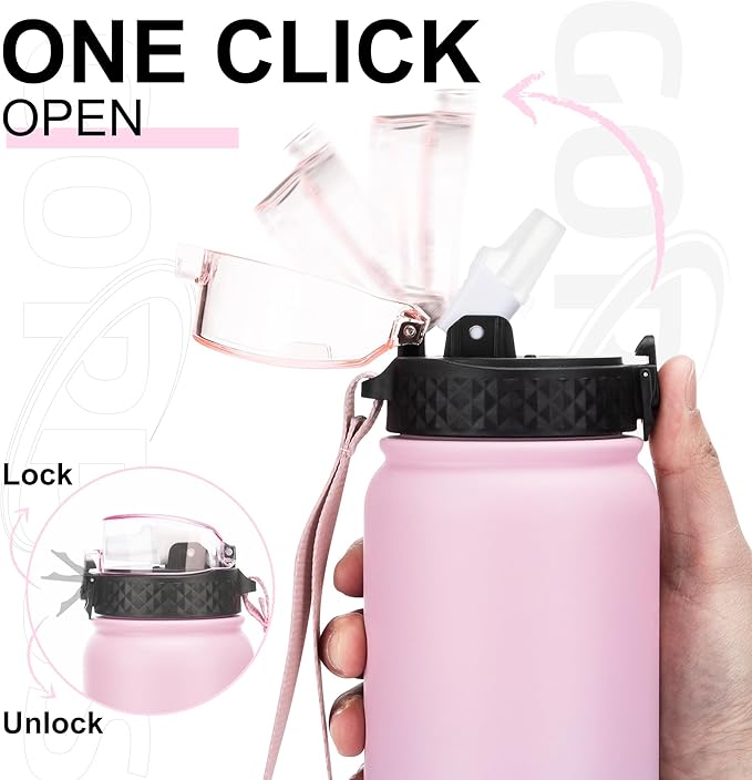 GOPPUS 32 oz Sports Water Bottle 1 Liter Double Wall Insulated Stainless Steel Water Bottles with Straw Lid Reusable Leak proof Metal water bottles with Strap Handle(Pink Blue 1 lid)