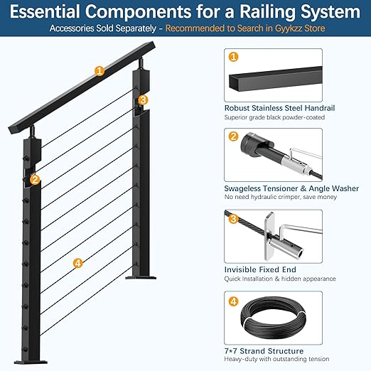 Economical 36" Stair Cable Railing Post Fit 28-38 Degree Stairway, Stainless Steel T304 Deck Post for Stair Railing System, Upgraded Black Powder Coated Wire Metal Post for Satir Indoor Outdoor