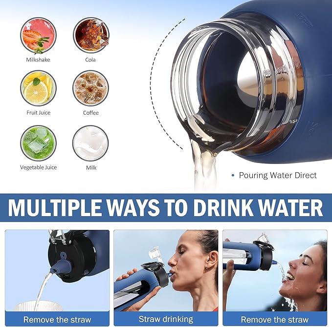 Kodrine Water Bottle With Straw and Carry Handle, Glass Water Bottle 24 oz Leak Proof Locking Lid with Soft Silicone Spout, Small Clear Water Bottle, Travel Sports Water Jug, Time Marker, Navy Blue