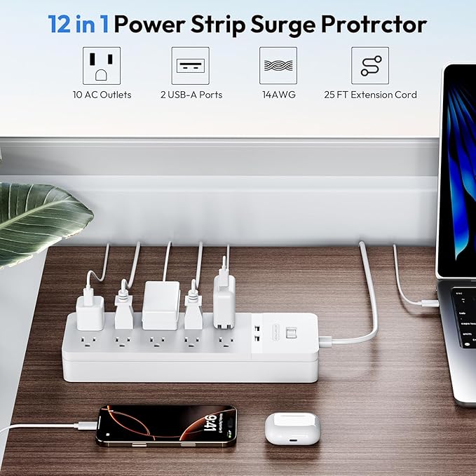 NTONPOWER 25 Ft Extension Cord, 2100J Surge Protector Power Strip with 10 Widely Spaced Outlets 2 USB Ports, Overload Protection, Wall Mountable for Indoor, Home, Office or Garage,White