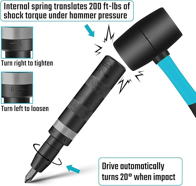 DURATECH 1/2 Inch Hand Impact Driver Set, Manual Reversible Impact Screwdriver Set, S2 Steel Bits, 5-Piece, for Tighten/Loosen Rusted or Frozen Fasteners, Organized in Storage Case