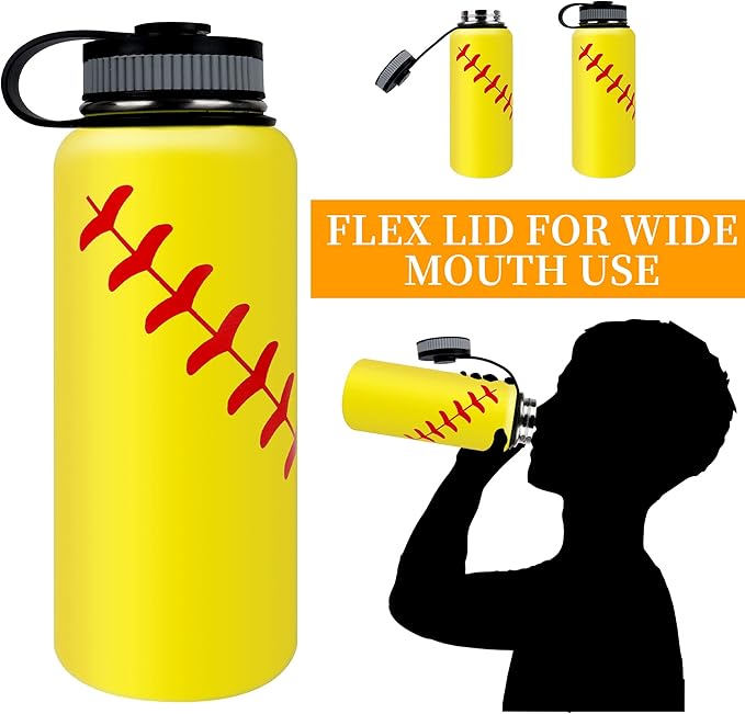22oz Wide Mouth Softball Water Bottle with Two Lids(Straw, Handle Lid), 18/8 Stainless Steel Vacuum Insulated for Travel & Sport Cup. (Softball Yellow, 22oz)
