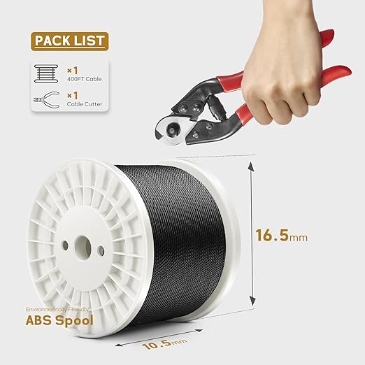 400FT 1/8" T316 Black Stainless Steel Cable, Black Wire Rope Aircraft Cable for Deck Cable Railing Kit, DIY Balustrades, 7x7 Strands Construction, Comes with a Cutter