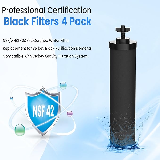Black Filters 4 Pack by NSF/ANSI 42 Certified, Replacement for BB9-2® Purification Elements Filters, Compatible with Berkey Gravity Filtration System, Replacement for Berkey Black Filters