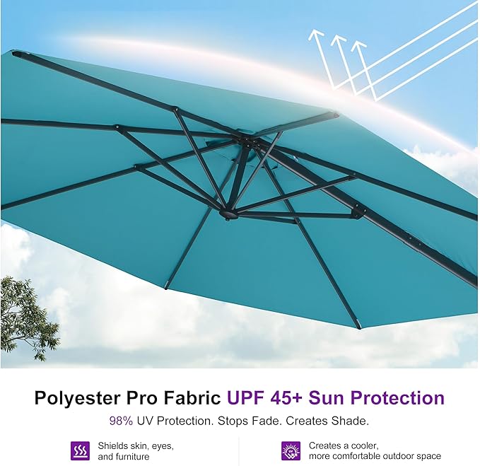 PURPLE LEAF 10 Feet Patio Umbrella Outdoor Cantilever Round Umbrella Aluminum Offset Umbrella with 360-degree Rotation for Garden Deck Pool Patio, Turquoise Blue