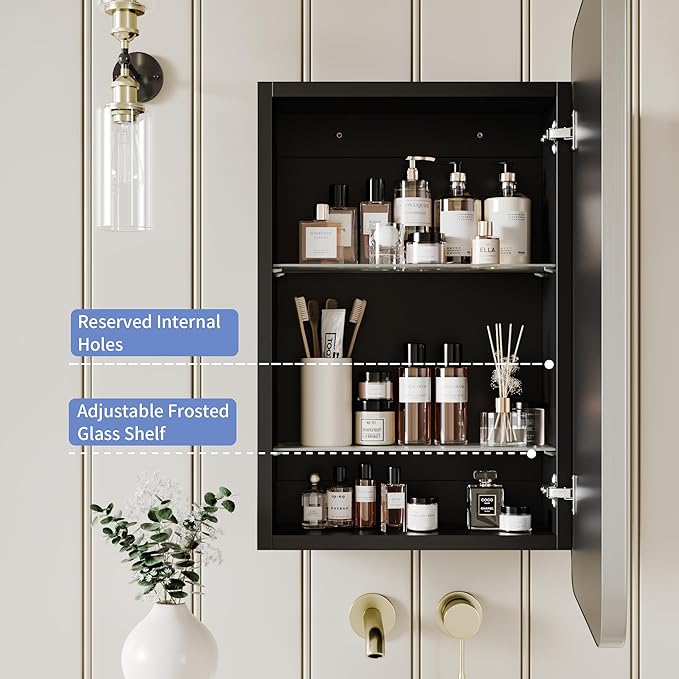 Vintage-Style Bathroom Wood Black Cabinet with 16.5''x24'' Brushed Nickel Metal Frame Curved Mirror, Recessed Medicine Cabinet, Bathroom Storage Cabinet