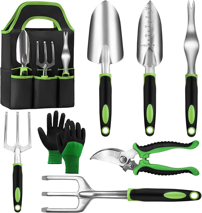 Garden Tool Set with Non Slip Rubber Grip,8 Piece Stainless Steel Gardening Tool Sets,Heavy Duty Outdoor Hand Tools Durable Storage Tote Bag,Uprooting Weeding Tool, Gifts for Women Men Green