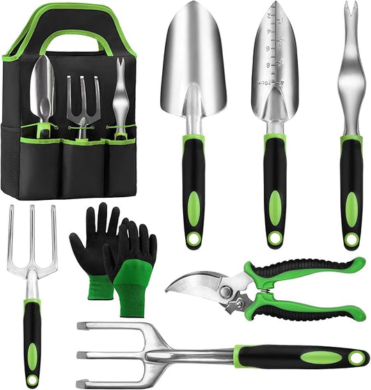 Garden Tool Set with Non Slip Rubber Grip,8 Piece Stainless Steel Gardening Tool Sets,Heavy Duty Outdoor Hand Tools Durable Storage Tote Bag,Uprooting Weeding Tool, Gifts for Women Men Green