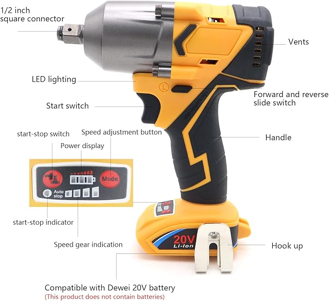 FSYAO 500 ft-lbs maximum torque, 20V 1/2 inch cordless impact wrench-brushless, 4-speed adjustment, automatic start and stop.(Host only/Without battery).