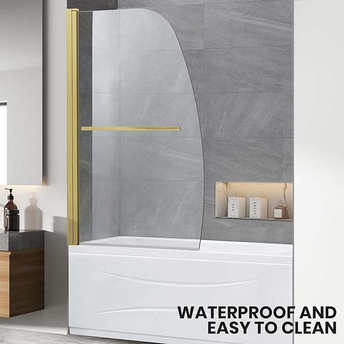 Frameless Hinged Bathtub Shower Glass Door - 34"x58", Clear 8mm Thick, Brushed Gold with Stainless Steel Handle
