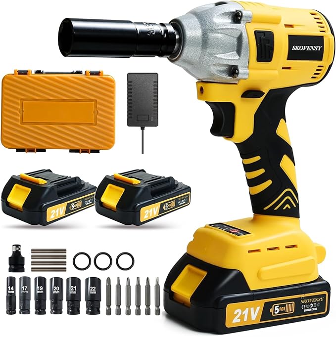 Cordless Impact Wrench 258Ft-lb（350N.m）, 1/2 Impact Gun, 2 Batteries, Pistola de Impacto, with 6 Sockets, Electric Impact Driver for Car Tires and Home YELLOW