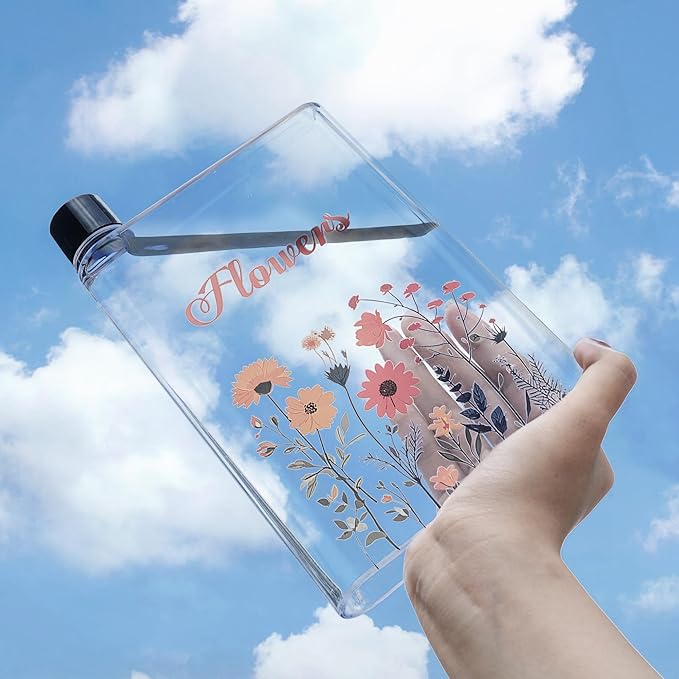 Flat Water Bottle 420ml,Plastic Portable Flat Water Bottle for Purse,Square Water Bottle Flat for Sports Gym Fitness Outdoor,Flower