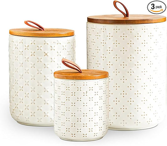 JOJUNO White Ceramic Canister Set with Wooden Lids – 3-Piece Airtight Food Storage Jars for Kitchen, Embossed Design, Small/Medium/Large Sizes (12/30/48 oz) – Flour, Sugar, Coffee, Tea Containers