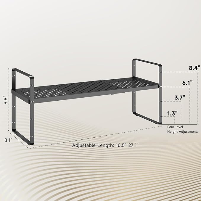 Hole Pattern Expandable Shelf Organizer,2Pack 8.1" Wide Easy to Assemble Cabinet Organizer Shelf, 16.5~27.1" Adjustable Height&Stackable Spice Organization for Cupboard, Black