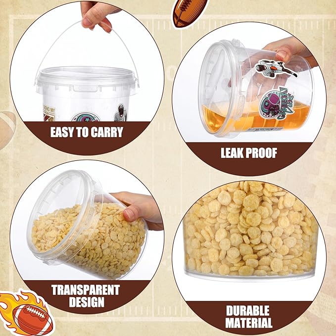 PerKoop 20 Pcs 32 oz Football Ice Cream Buckets with Lids and Handles Clear Cocktail Rum Buckets with 196 Stickers Plastic Transparent Tub Reusable Food Storage Containers for Parties