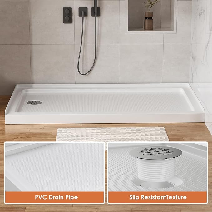 60"x 32" Shower Base, Left Drain Single Threshold Shower Pan with Slip Resistant Textured Surface, Stainless Steel Drain Cover（Left）
