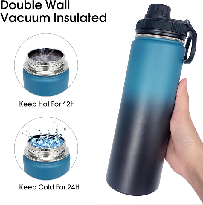 4pack 22 oz Insulated Water Bottle With Straw, Stainless Steel Sports Water Cup Flask with 2 Lids, Wide Mouth Travel Thermal Mug,Navy Black