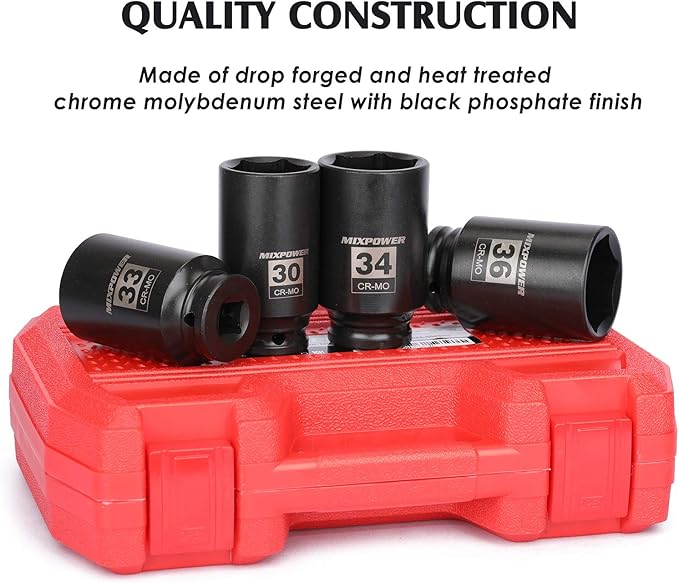 MIXPOWER 6-Piece1/2- Inch Drive Deep Impact Socket Set, Impact Grade Socket Set, 6 Point, CR-MO, Metric,30mm, 32mm, 33mm, 34mm, 35mm, 36mm