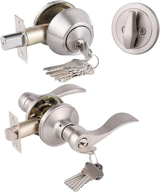 Satin Nickel Entry Levers and Single Cylinder Deadbolt Locksets with Same Key,Keyed Alike Entrance Locks,Drop/Wave Lever Style,10Pack
