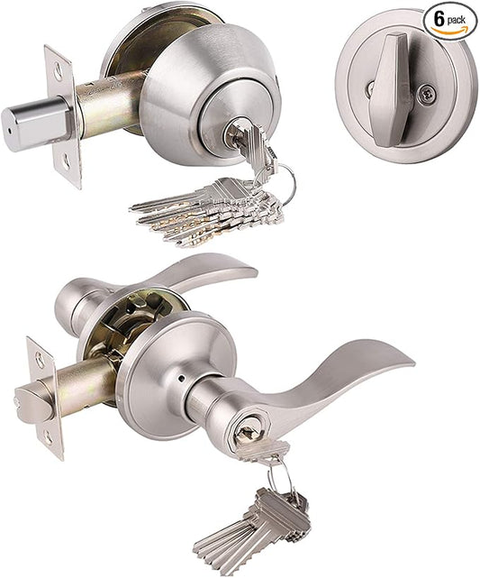 Gobrico 6 Keyed-Alike Entry Lever and Single Cylinder Deadbolt Combination Locksets, Satin Nickel Finished, Front Door Handle and Deadbolt with Same Key