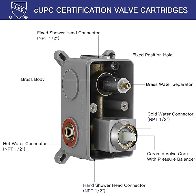 RUMOSE Brushed Nickel Rainfall Shower System 12 Inch High Pressure Square Shower Head with 2 in 1 Handheld Spray Wall Mount Brass Bathroom Shower Faucet Set with cUPC Certified Rough-in Valve