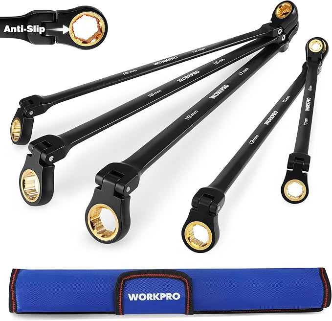 WORKPRO Extra Long Flex-Head Ratcheting Wrench Set, 5-piece Anti-Slip Double Box Wrenches Set, Metric 8-19 mm, 72-Teeth, Cr-V Steel and Black Electrophoretic Coating Wrenches with Rolling Pouch