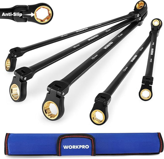 WORKPRO Extra Long Flex-Head Ratcheting Wrench Set, 5-piece Anti-Slip Double Box Wrenches Set, Metric 8-19 mm, 72-Teeth, Cr-V Steel and Black Electrophoretic Coating Wrenches with Rolling Pouch
