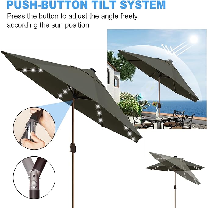 Eurmax USA 10-Year-Non-Fading 10Ft Solar Market Umbrella Outdoor Patio Umbrella Table Umbrella with LED Lights,8 Ribs,Hand Crank and Ventilation (Charcoal)