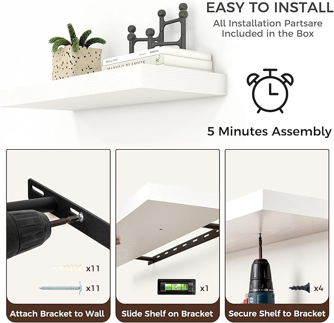 Floating Shelves for Wall, Large Wall Mounted Shelves with Invisible Brackets, Long Wood Floating Shelf for Living Room, Bedroom, Kitchen, (White, 55" W x 9" D x 1.5" H)