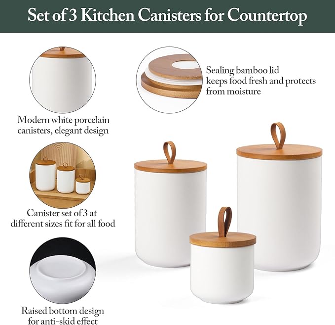 Ceramic Canisters Sets for Kitchen, Airtight Canister with Bamboo Lid, Ceramic Coffee Canister Kitchen Canisters for Countertop, Flour and Sugar Containers for Food Storage Jars, White, Set of 3