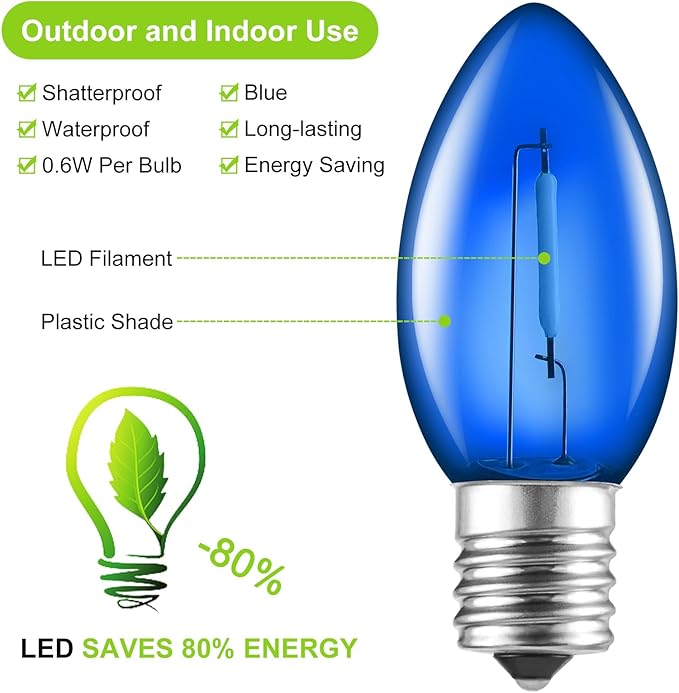 Brightown 25 Pack C9 LED Christmas Light Bulbs, Blue Plastic C9 Shatterproof LED Bulbs Replacement for Christmas String Lights, E17 Intermediate Base, Commercial Dimmable Holiday Bulbs