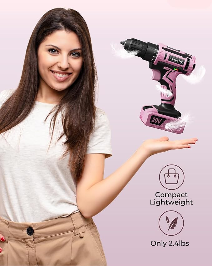 Pink Cordless Drill Set, 20V Electric Power Drill for Women, Lightweight Electric Screwdriver Driver with Power Pack & Charger, 3/8" Keyless Chuck, Womens Tool Kit for House