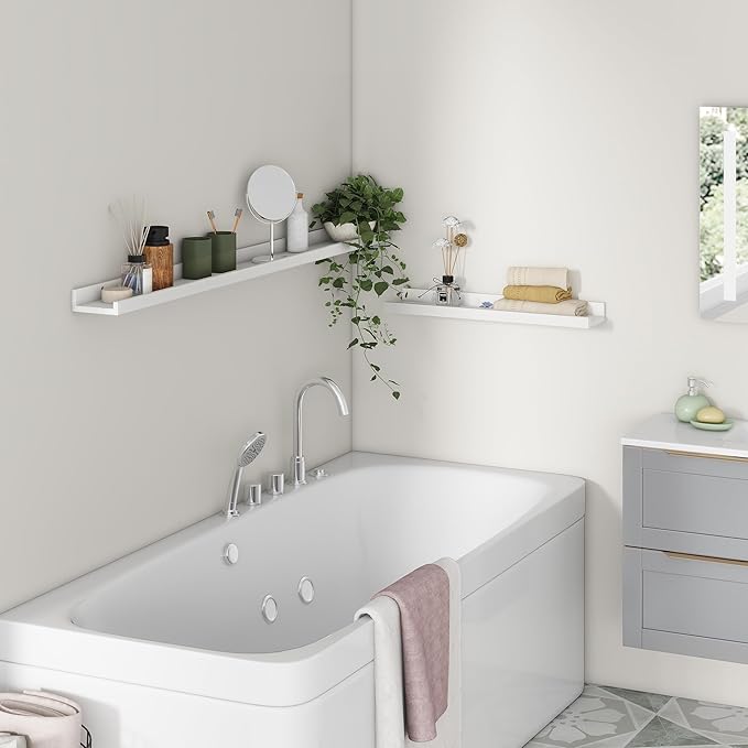 Picture Ledge Shelf for Wall, 16 inch Solid Pine Wood Nursery Book Shelves 2 Packs, Floating Ledge Shelves for Kids' Room Bedroom Bathroom Living Room Photo Frames Office Nursey Wall Decor, White