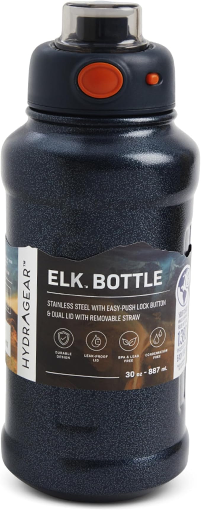 Elk Stainless Steel Bottle with Easy-Push Lock Button and Dual Lid with Removable Straw - 30 Oz - Rustic Slated