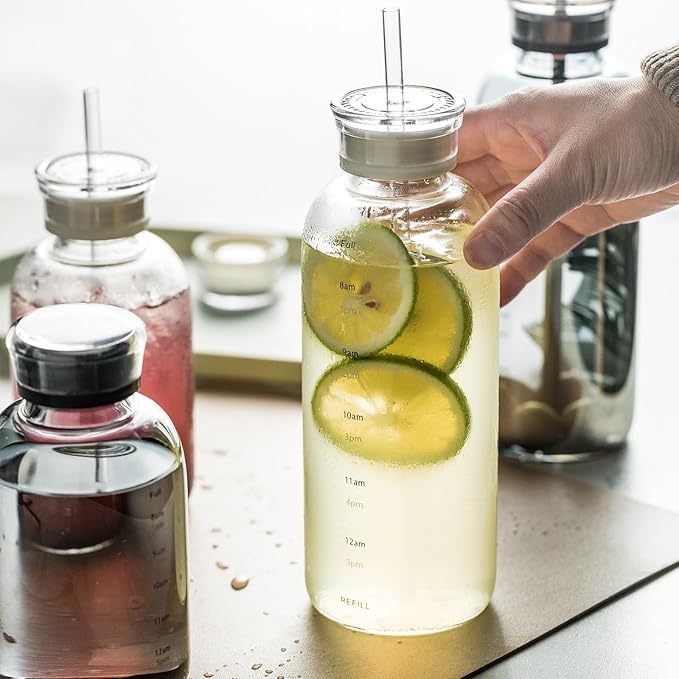 Glass water bottle With Time Marker -24oz with 2 caps and straw,Reusable Glass Drinking Bottles，Suitable For Drinks, Juices, Sodas, Coke, As Gifts Etc (24oz)