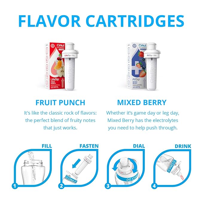 Cirkul 22oz. BPA-Free Plastic Water Bottle Starter Kit with Blue Lid, 2 Flavor Cartridges (1 LifeSip Fruit Punch, 1 FitSip Mixed Berry) Zero Calories and No Sugar