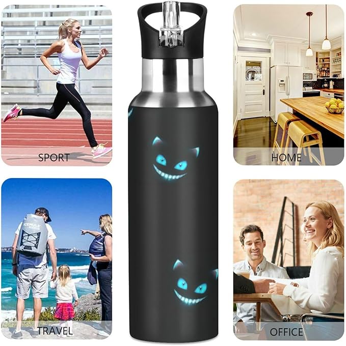 Cheshire Cat Texture Sports Water Bottle, 22 Oz BPA Free Non-Toxic Stainless Steel Water Bottle with Straw for Gym Yoga Fitness Camping