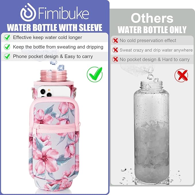 Fimibuke 32 oz Water Bottle with Sleeve - BPA Free Leakproof Sport Large 1L Plastic Motivational Water Bottle with Straw Strap & Insulated Neoprene Holder Carrier Bag Great Xmas Gift for Women Men
