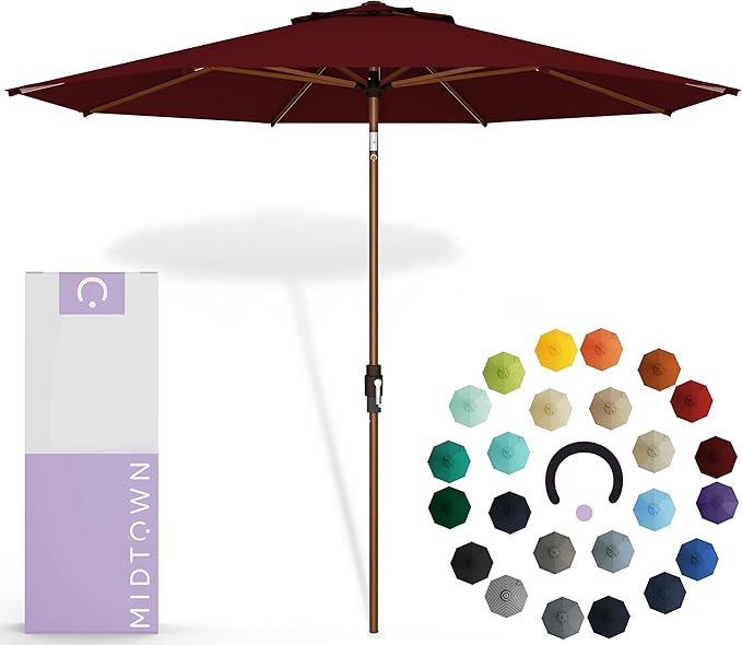 Midtown Umbrellas Sunbrella Umbrella Large Patio Umbrella 2-10 Feet in Burgundy Fabric, Auto-Tilt Aluminum Frame Backyard Umbrella, Deck Umbrella, Garden Umbrella & Porch Umbrella - Wooden Pole