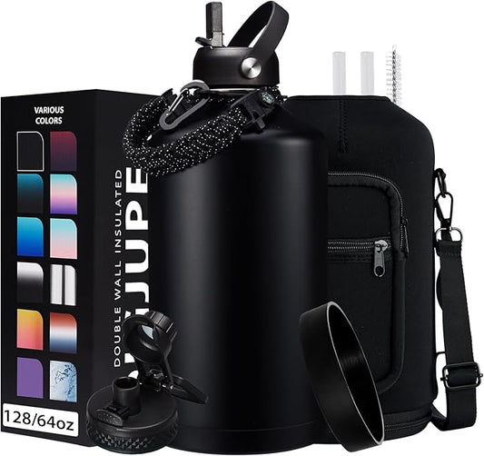 128OZ Insulated Water-Bottles with Strap - 1 Gallon Large Water Jug with Straw & Spout Lid, Stainless Steel Water Bottle Leak Proof, Cold-48h Hot-24h Metal Water Flask w/ Paracord Handle, Carrier Bag