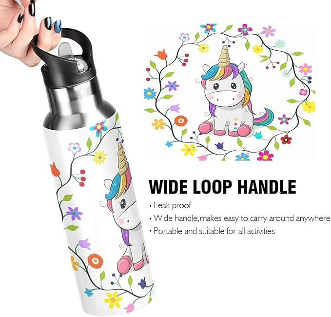 xigua Cute Cartoon Unicorn Water Bottle, BPA Free Stainless Steel Water Bottle Leak-Proof Sports Bottle for Camping Workouts Gym and Outdoor Activity, 22oz