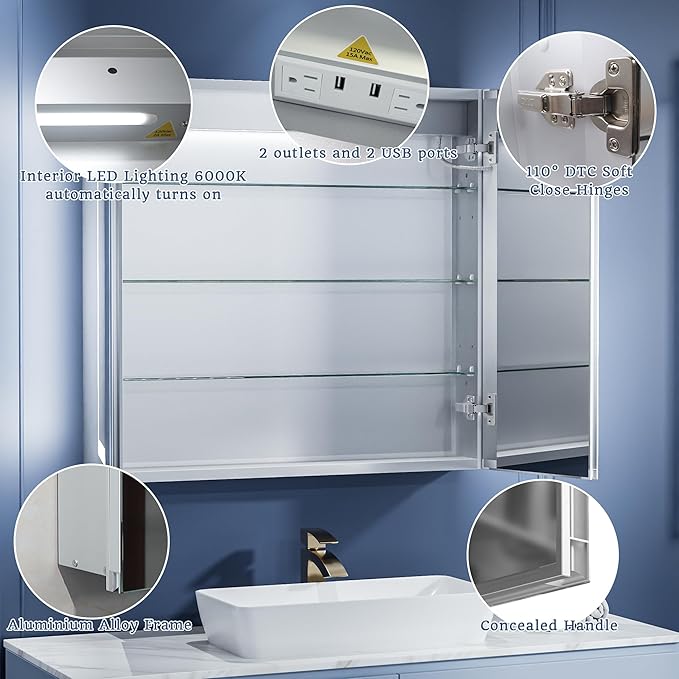 ExBrite LED Lighted Bathroom Medicine Cabinet with Mirror, 32 x 30 Inch, Recessed or Surface Mount, Anti-Fog, Stepless Dimming, Color Temperature Change, Built-in 6000K Sensor Light, Storage Shelves