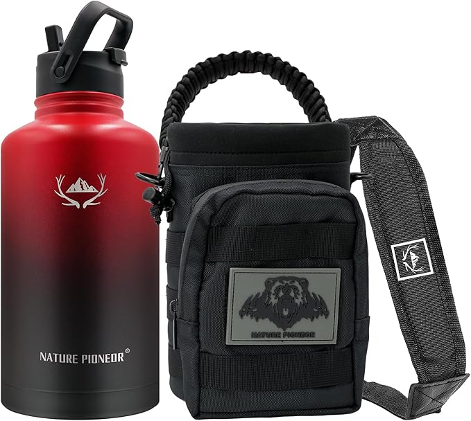 NATURE PIONEOR Tactical Water Bottle with Carrying Molle Sleeve, Stainless Steel 18/8 Food Grade Half Gallon Jug