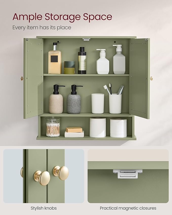 VASAGLE Bathroom Cabinet with Mirror, Wall Cabinet with 2 Mirrored Doors, Adjustable Shelf, Open Compartment, Wall-Mounted, 5.1 x 22.2 x 23 Inches, Sage Green ULHC002C02