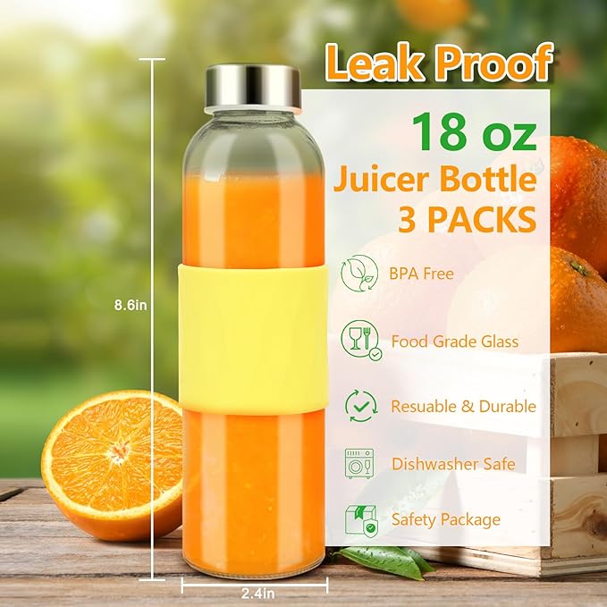 Clear Glass Water Bottles with Silicone Sleeve and Lids 18 oz, Reusable Glass Juice Bottles with Stainless Steel Airtight Cap for Juicing, Leak Proof Drinking Bottles, BPA Free, Set of 3, YBG