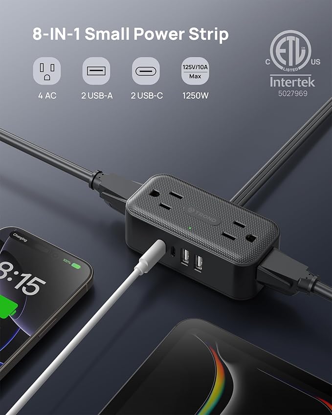 TROND 360° Rotating Flat Plug Power Strip, 10FT Extension Cord with 4 USB Ports, 4 Wide Spaced AC Outlets, Wall Mount, 900J Surge Protector for Office Travel Dorm Room Essentials, Black