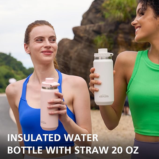 Greylock 20 oz White Water Bottle Insulated with Straw Lid, Reusable Metal Water Bottle Stainless Steel with Carry Handle for Travel,Sports, BPA-Free Leak Proof When Closed, Cold for 24 Hours