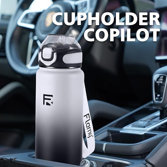 32 oz Insulated Water Bottle with Straw, Stainless Steel Metal Thermos Bottles, Durable Non-Slip Gradient Bottle with Strap for Sports and Travel, Leak Proof (Gray Black)